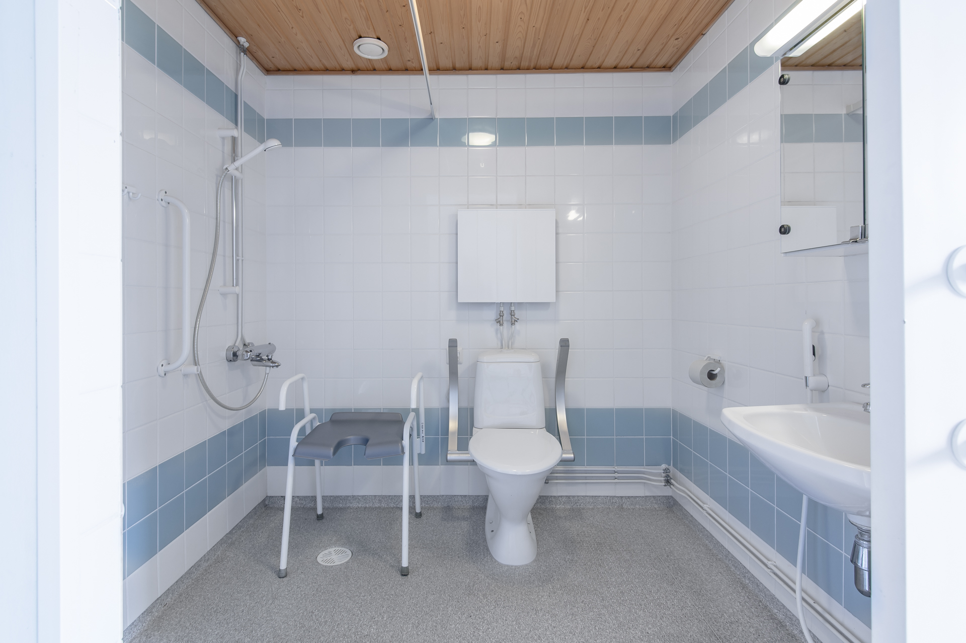 Ett tillgaenglighetsanpassat badrum med toalett dusch och handfat